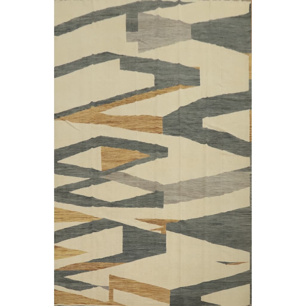 Hand Woven Oriental 100% Wool Carpet Southwestern Modern Beige & Ivories Kilim Area Rug - 13' 2'' X 9' 11''