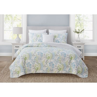 DESIGN STUDIO Althea Floral Spa Blue Soft Cotton Quilt Set