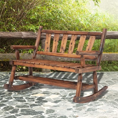 Kinsunny Wood Double Rocking Chair Rocking Loveseat Patio Rocker Chair Bench with 2-Seat for Garden Backyard