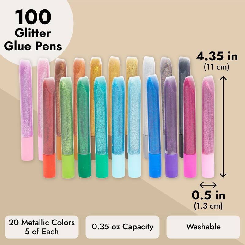 Bright Creations 100 Pack Glitter Glue Pens for Crafts, 0.35 Oz Rainbow Glue Stick Set, 20 Colors