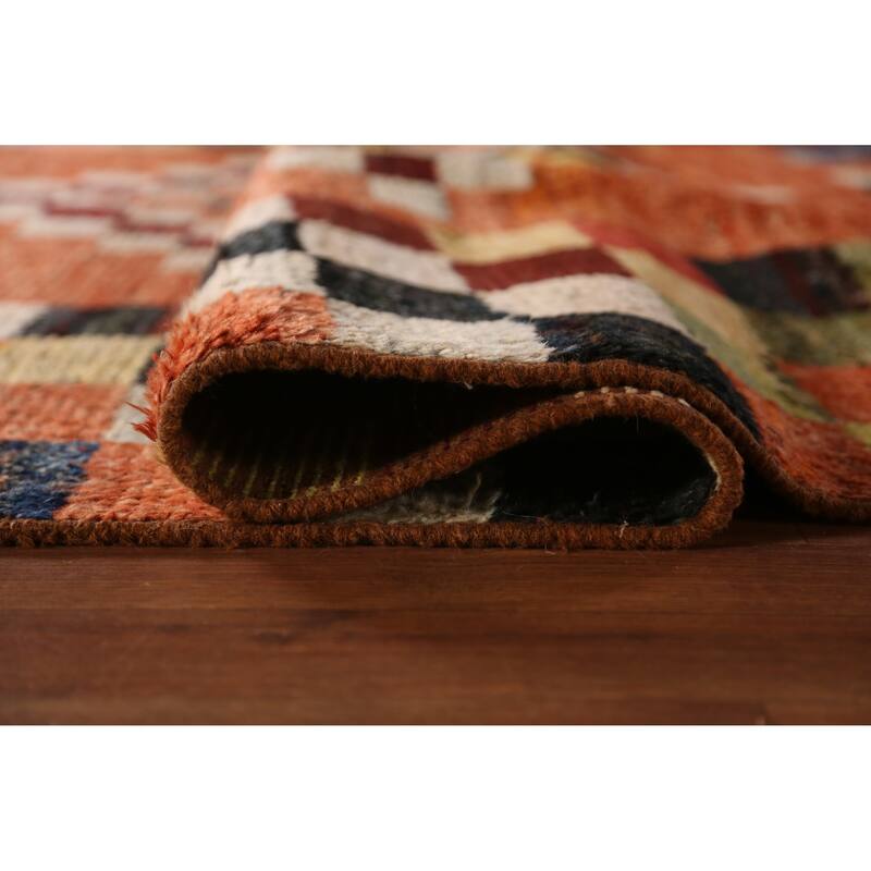 Checkered Orange Moroccan Oriental Rug Handmade Wool Carpet - 6'7" x 9'8"