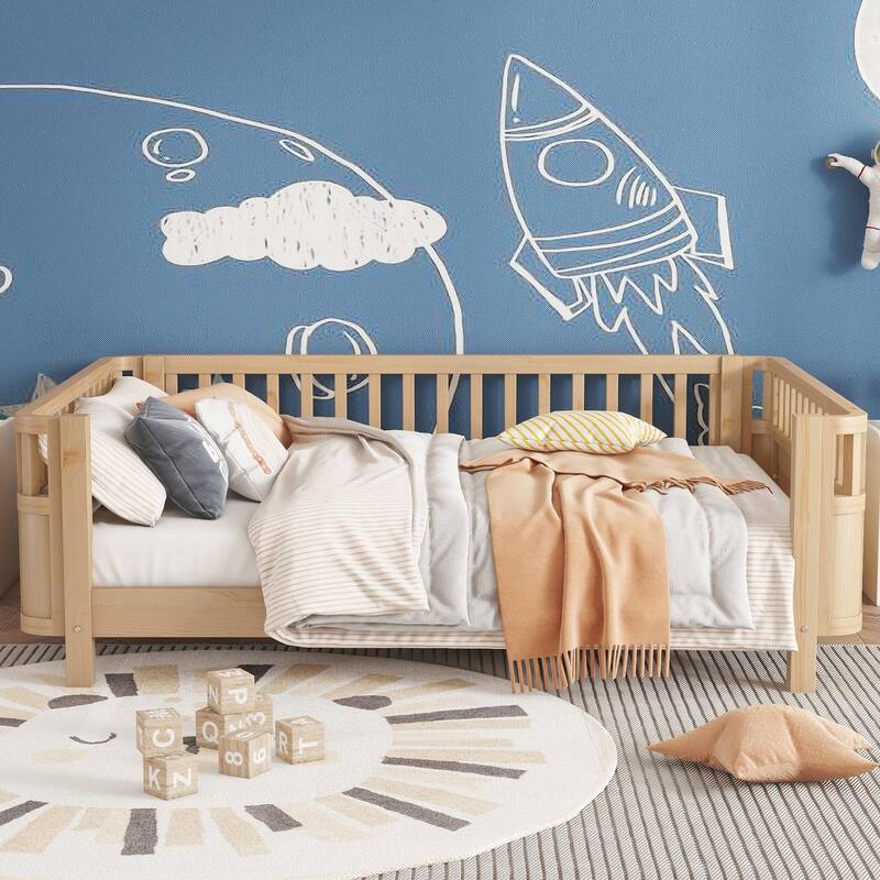 Wood Platform Bed for Kids, Low Profile Wooden Full Bed with Rails
