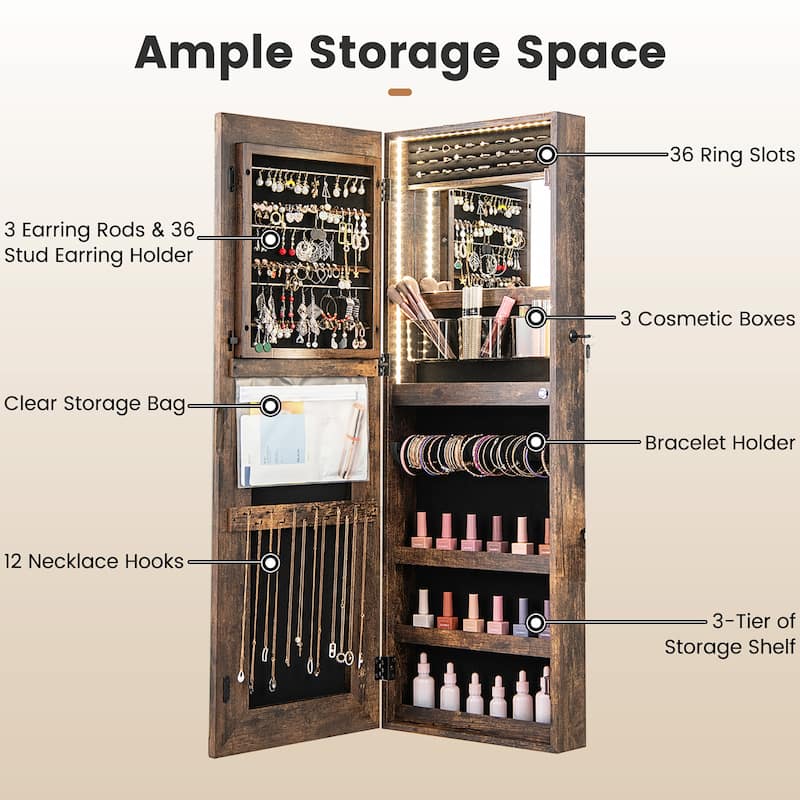 Gymax LED Mirror Jewelry Cabinet Wall/Door Mounted Organizer Armoire