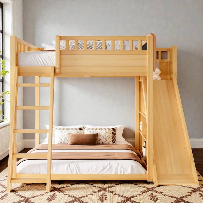 Loft Bed with Upholstered Headboard, Storage Shelves, Ladder and Slide, Solid Wood Frame