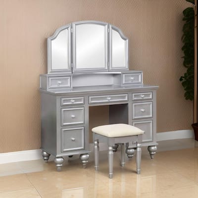 Cael 60 Inch Vanity Desk with Stool, Drawers, 3 Sided Mirror, Silver Wood