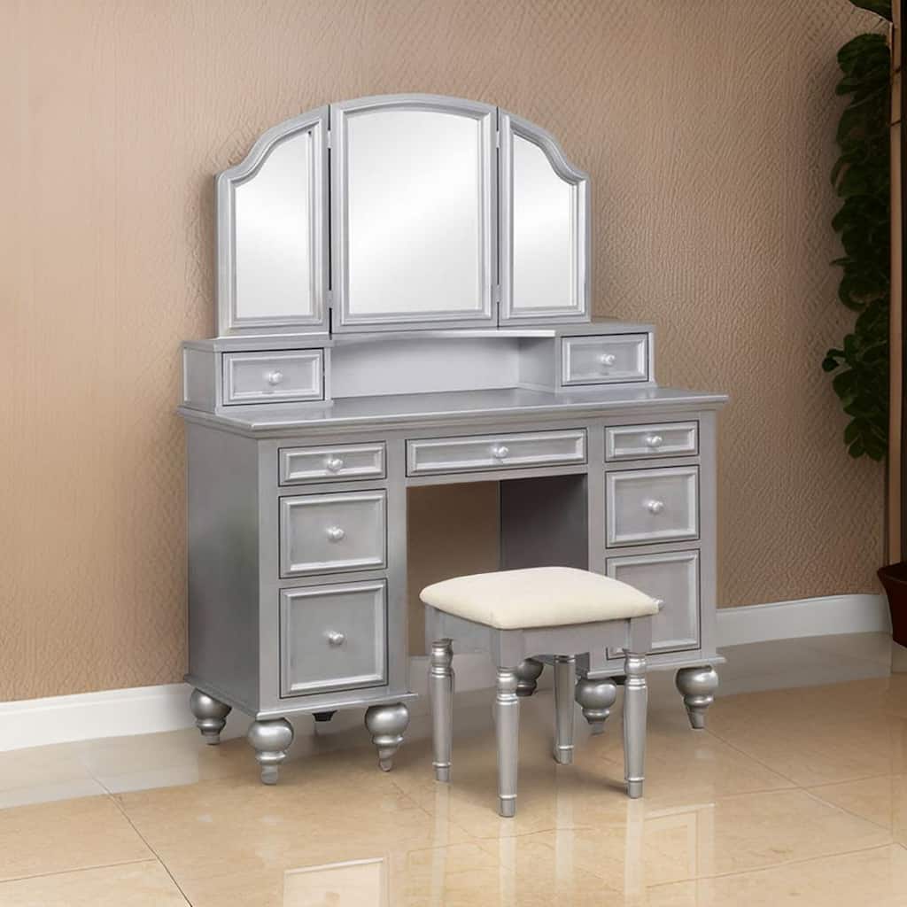 Cael 60 Inch Vanity Desk with Stool, Drawers, 3 Sided Mirror, Silver Wood