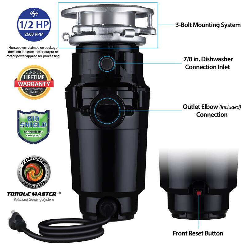 Waste Maid 1/2 HP Economy Garbage Disposal with Attached Power Cord - Stainless Steel - 1/2 hp
