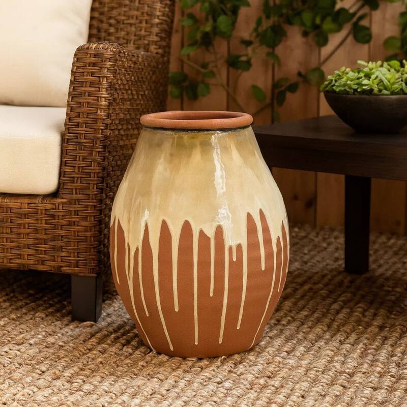 Accent Vase, Ceramic Drip Design Creamy Beige, Brown Ceramic, 12 Inch
