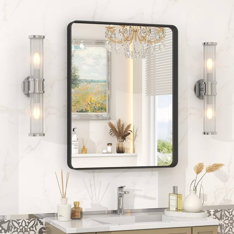Aluminum Alloy Framed French Cleat Mounted Tempered Glass Wall Vanity Mirror - Black - 30" x 22"
