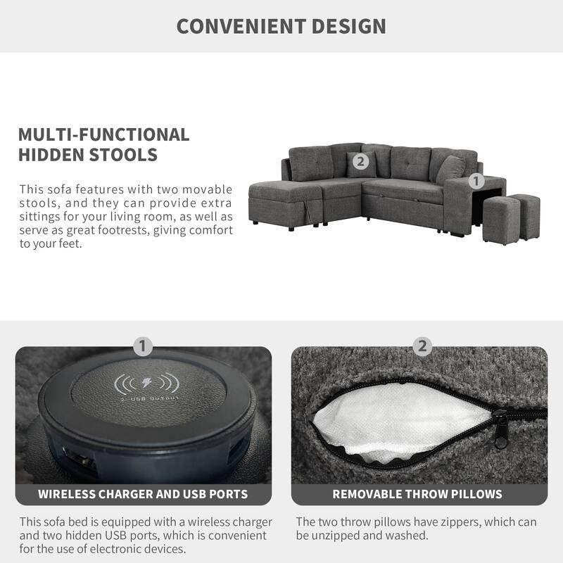 Convertible Sleeper,Sectional Pull Out Sofa Bed with Storage Ottoman,2 Throw Pillows,2 Stools,Dark Gray