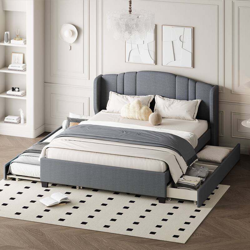Queen Size Upholstered Bed Frame with Wingback Headboard Trundle and 2 Drawers, Center Support Legs Platform Bed Frame