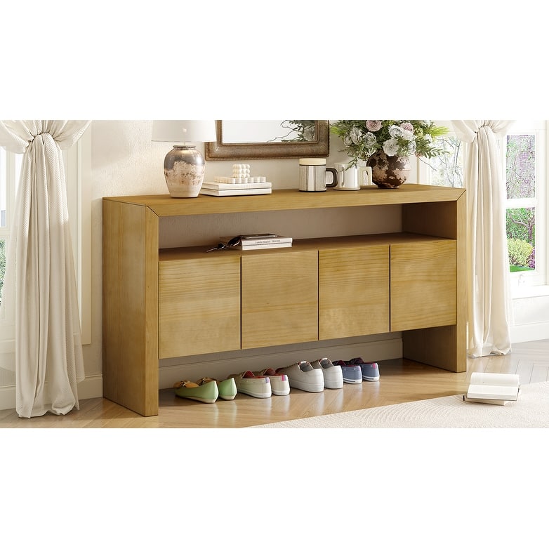 4-Door Sideboard, Modern Minimalist Solid Wood Veneer Sideboard with Open Shelf, Natural Wood Grain, for Living Room, Dining