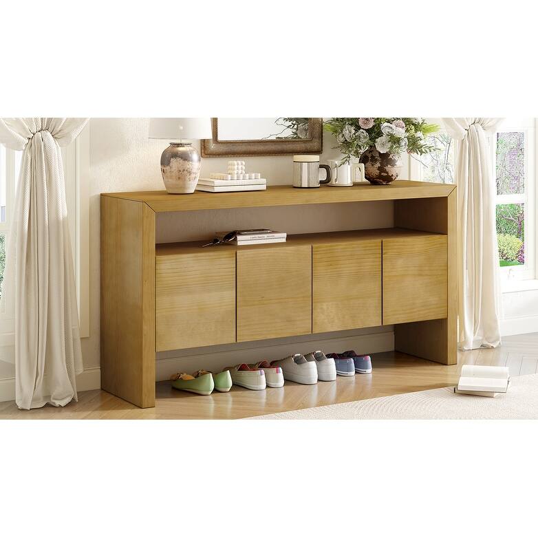 60" 4-Door Sideboard, Modern Minimalist Solid Wood Veneer Sideboard with Open Shelf, Natural Wood Grain