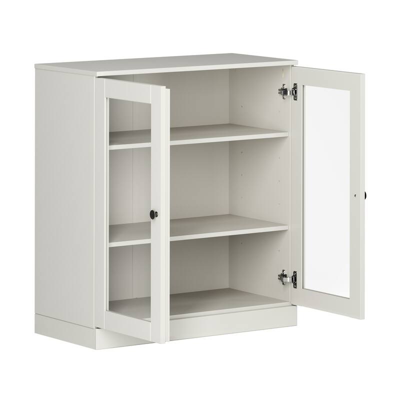 100% Solid Wood Short Bookcase with Glass Doors, Adjustable Shelves, Modular Storage Bookshelf, 32" W x 35.75" H