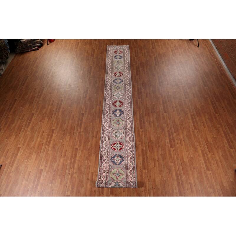 All-Over Gray Kazak Oriental Runner Rug Hand-Knotted Wool Carpet - 2'8" x 20'0"