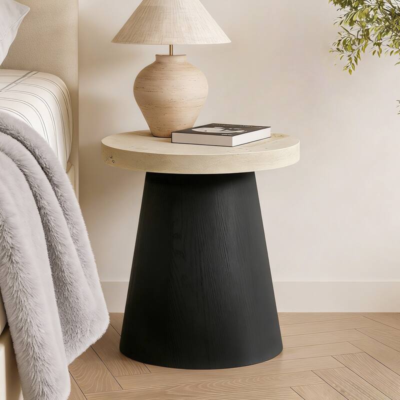 Light Wood Finish Top with Black Base Manufactured Wood Round Side Table - 18.9" H x 17.7" Diameter
