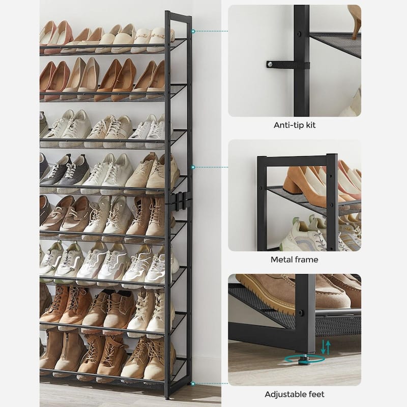 Black Stackable Freestanding Metal 8-Tier Shoe Shelf Organizer for 40 Pairs with Mesh Shelves - 12.1''D x 36.4''W x 64.4''H
