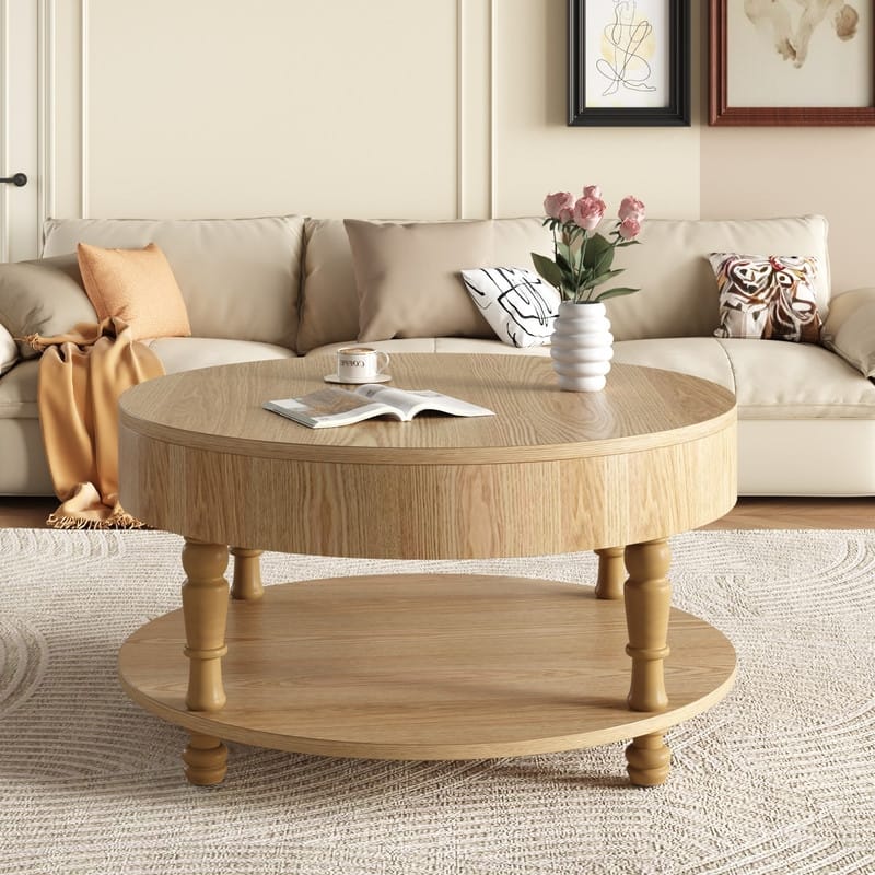 Modern Round Coffee Table with Dual Storage and Flip-Top Design for Living Room Organization