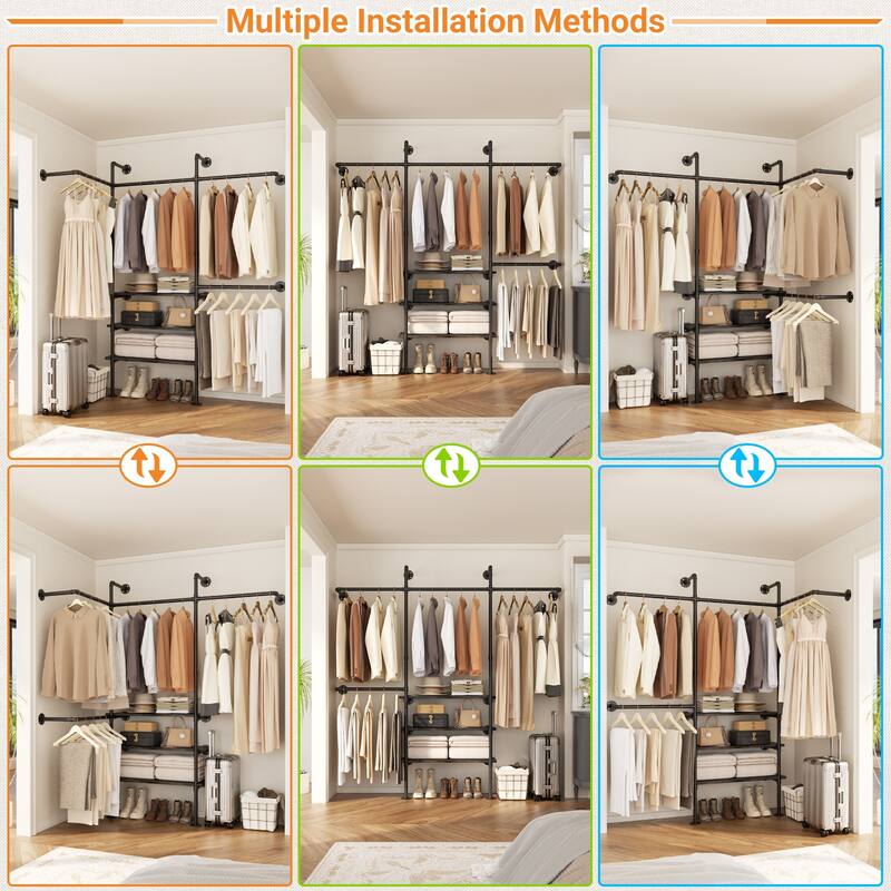 87"W Industrial Pipe Clothing Racks with LED Lights & Open Shelves,Reversible Walk-in Closet Oraganizer System Garment Racks