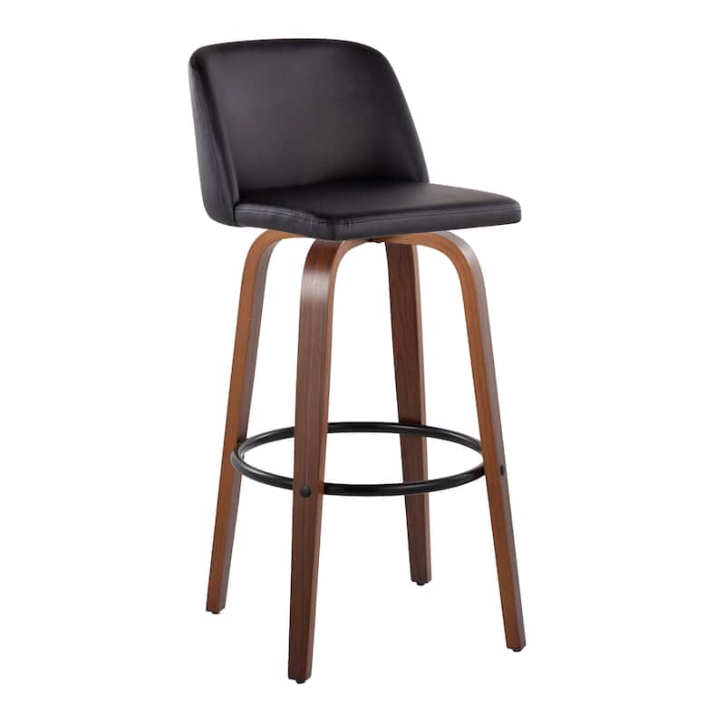 Carson Carrington Vallberga 30" Fixed-Height Bar Stool with Walnut Wood Base (Set of 2) - Black Faux Leather/Round Black Footrest
