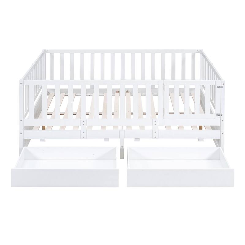 Full Size Wood Daybed with Fence Guardrails and 2 Drawers