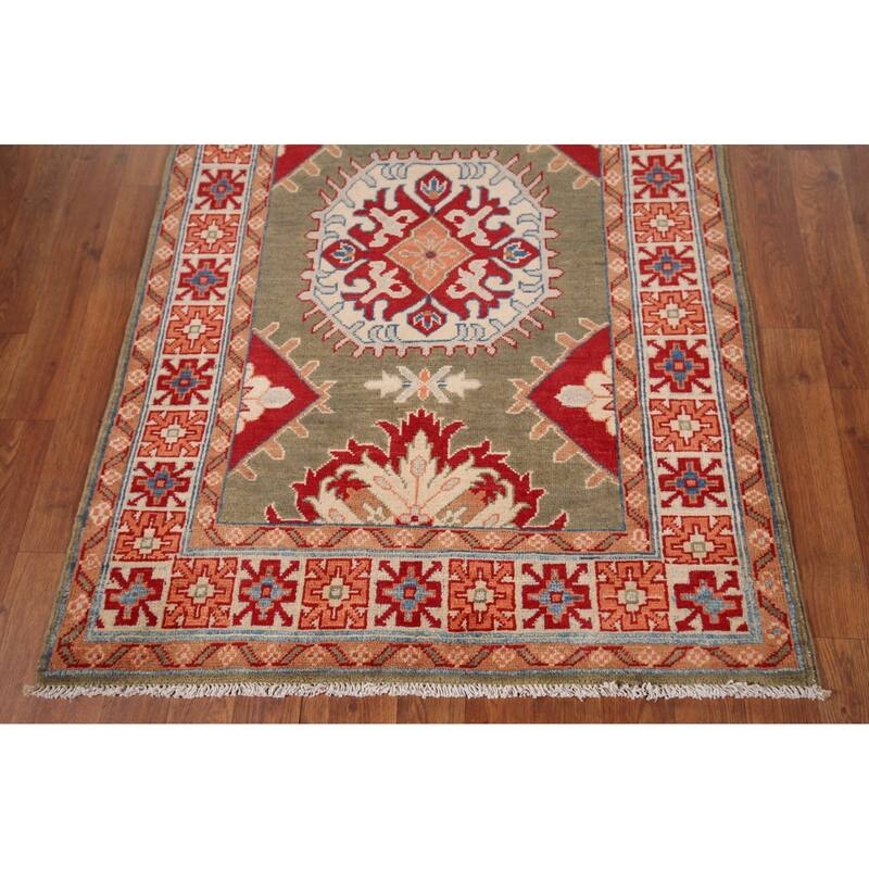 Geometric Kazak Oriental Foyer Rug Handmade Wool Carpet - 3'2" x 4'9"