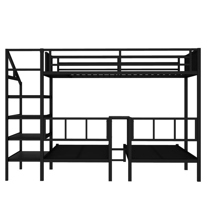 Roomfitters Twin XL over Twin & Twin Metal Triple Bunk Bed with Desk & Shelves, Space-Saving, Noise-Reduced Frame, Black
