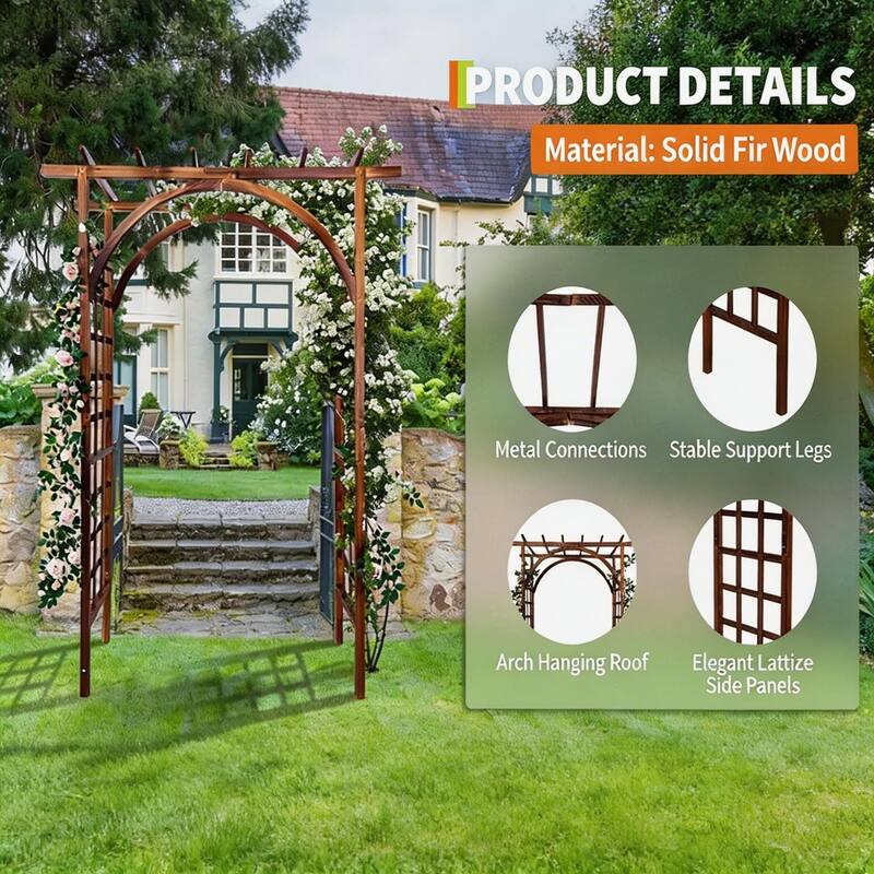 85-Inch Wood Garden Arbor with Pergola-Style Top Outdoor Trellis Arched and Flat Top Teak