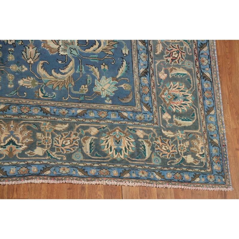 Distressed Blue Floral Tabriz Persian Area Rug Handmade Wool Carpet - 9'1"x 12'4"
