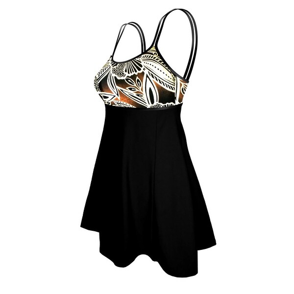 Double Strap Lingerie Swimdress in Brown Leaf and Black. Opens flyout.