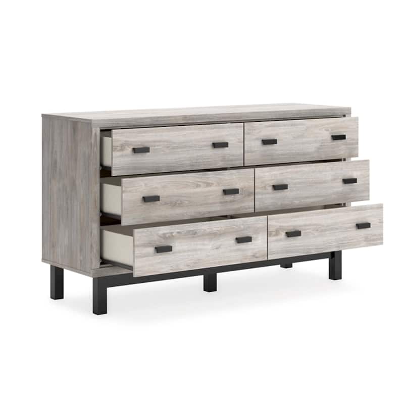 Veso 62 Inch Wide Dresser, 6 Drawers, Modern Light Gray and Black