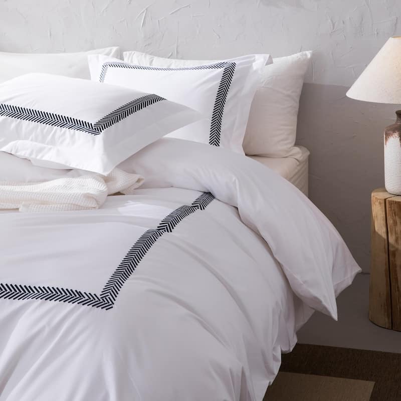 Cotton Sateen 500TC Hotel Stitch Duvet Cover Set, Herringbone Pattern