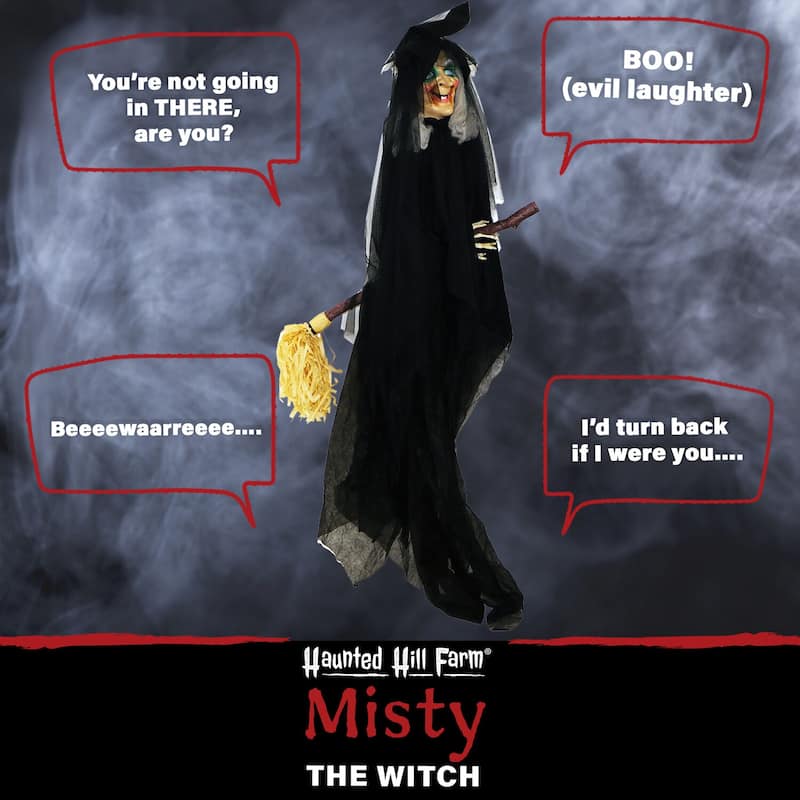 Haunted Hill Farm 6.5 ft. Witch on Broom, Indoor/Covered Outdoor Halloween Decoration, LED Red Eyes, Battery-Operated, Misty
