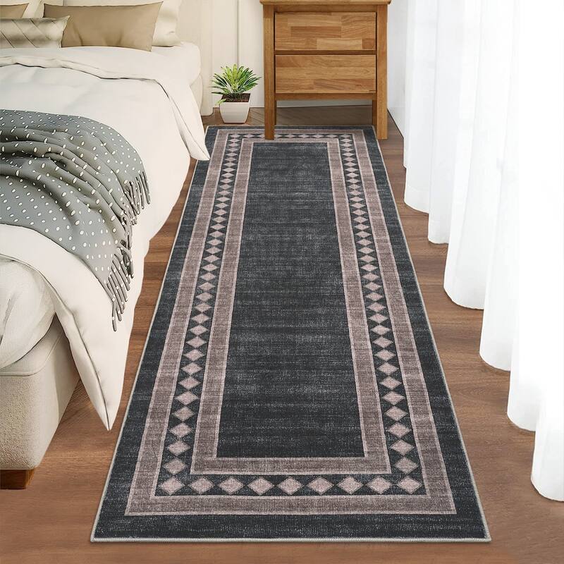 Modern Bordered Rug Non Slip Low Pile Area Rugs for Living Room, Machine Washable Area Rugs Soft Throw Rugs - 2'x6' - Black Brown