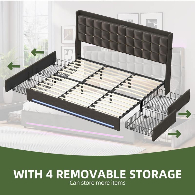 Moasis King Size Velvet Platform Bed with 4 Drawers,Bed Frames with RGB Light & Built-in Charging Station