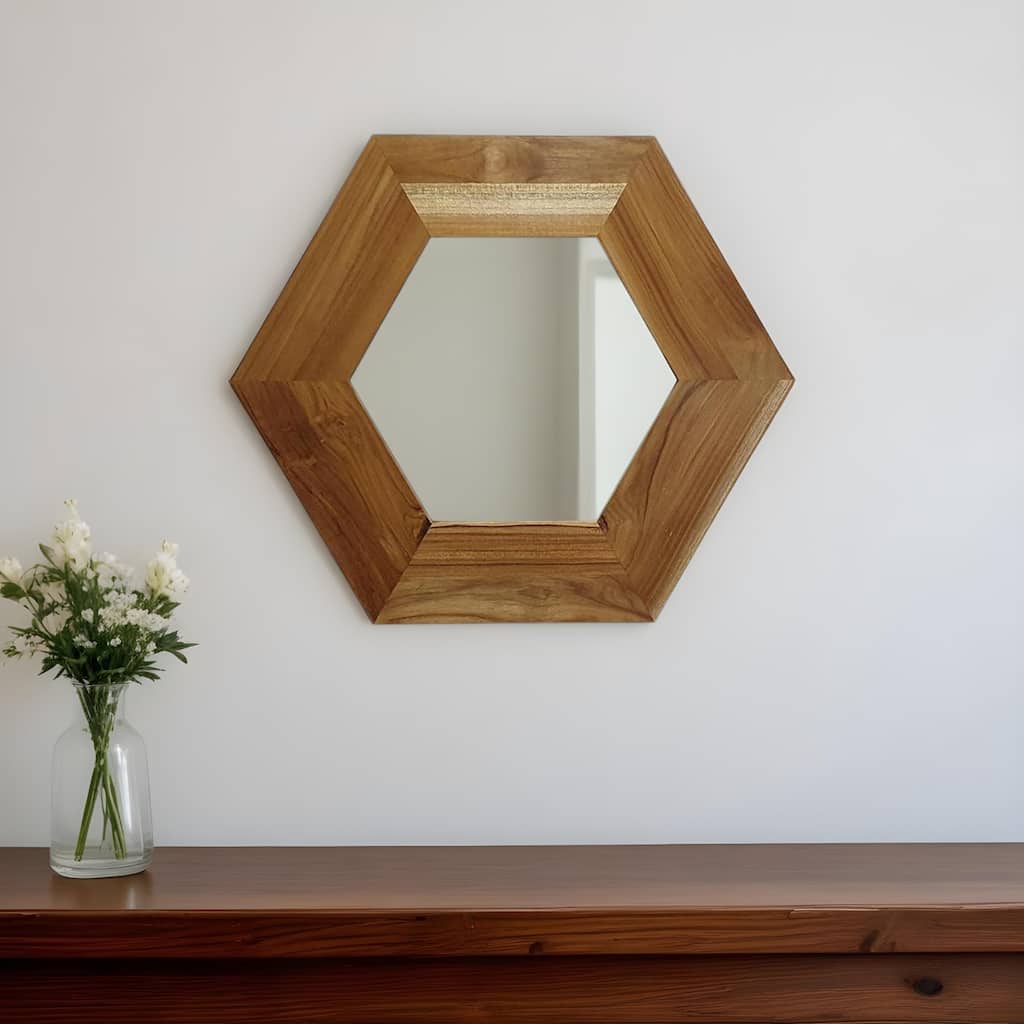 HomeRoots 19" Natural Hexagon Solid Wood Framed Accent Mirror - 18.5' X '18.5' X '0.7