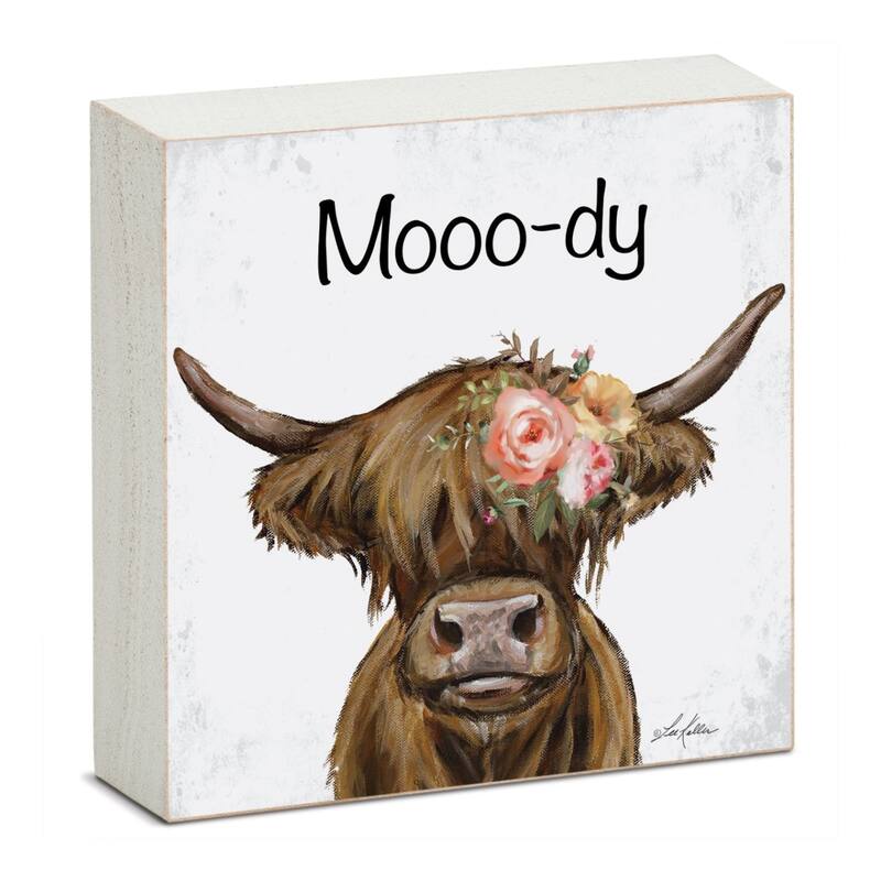Mooo-dy Artistic Freestanding Solid Wood Block Sign Made in the USA 3.75” Square Decorative Accent for Home or Office - Multi - Multi