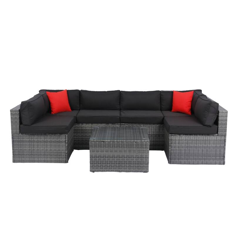 5 Piece Outdoor PE Rattan Conversation Furniture Set, U Shaped Patio Sectional Sofa Set with Cushions and Coffee Table - Black+Grey