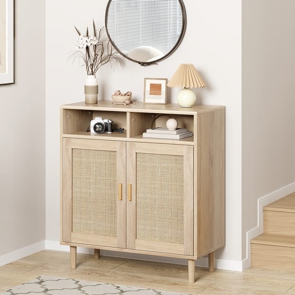 slide 2 of 7, Ail Accent Rattan Sideboard Buffet Storage Cabinet With 2 Doors - 15.7"L x 31.4"W x 36.2"H 15.7"L x 31.4"W x 36.2"H - Natural