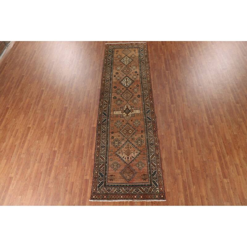 Geometric Heriz Persian Vintage Runner Rug Handmade Wool Carpet - 3'9"x 13'1"