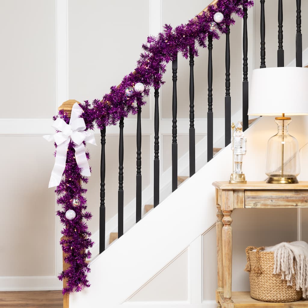 Pre-Lit Artificial Tinsel Christmas Garland - 9' x 8" - Purple - Clear Lights
