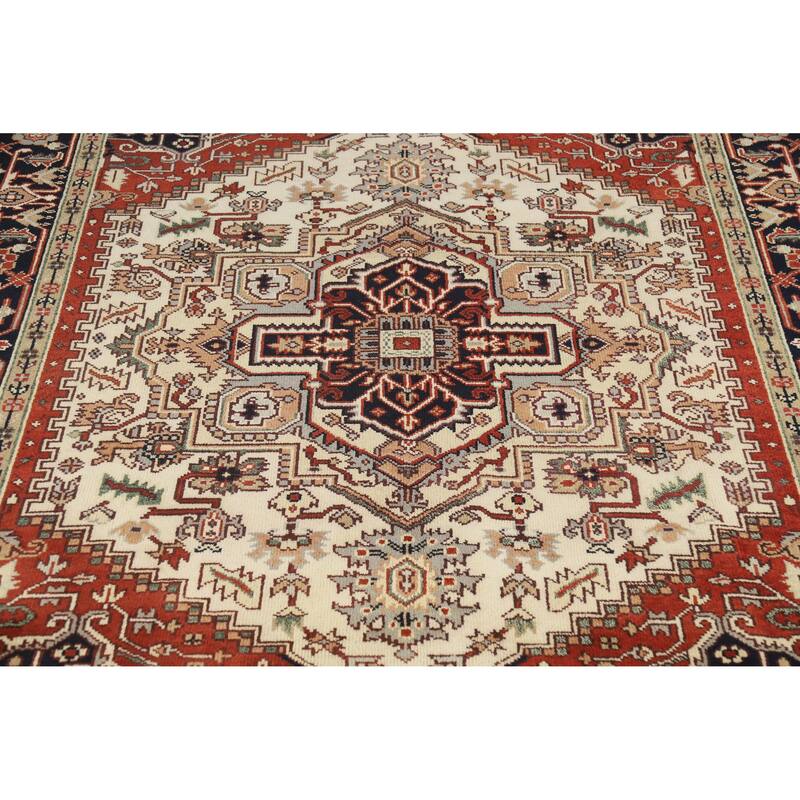 Geometric Ivory Heriz Serapi Indian Area Rug Handmade Wool Carpet - 8'0" x 9'9"