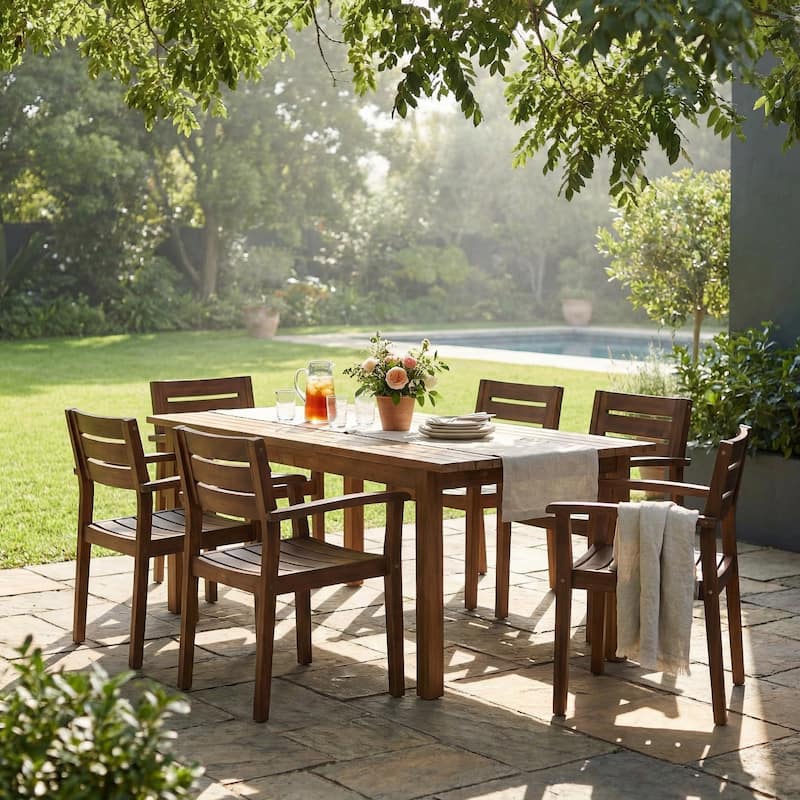 Christopher Knight Home - Rustic Solid Acacia Wood Extendable 7-Piece Outdoor Dining Set with Slatted Chairs - Dark Brown+Teak