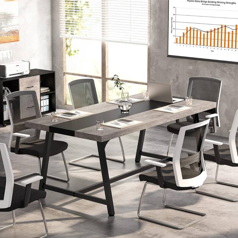 70", Modern Rectangular Conference Table for 6-8 People, Grey & Black