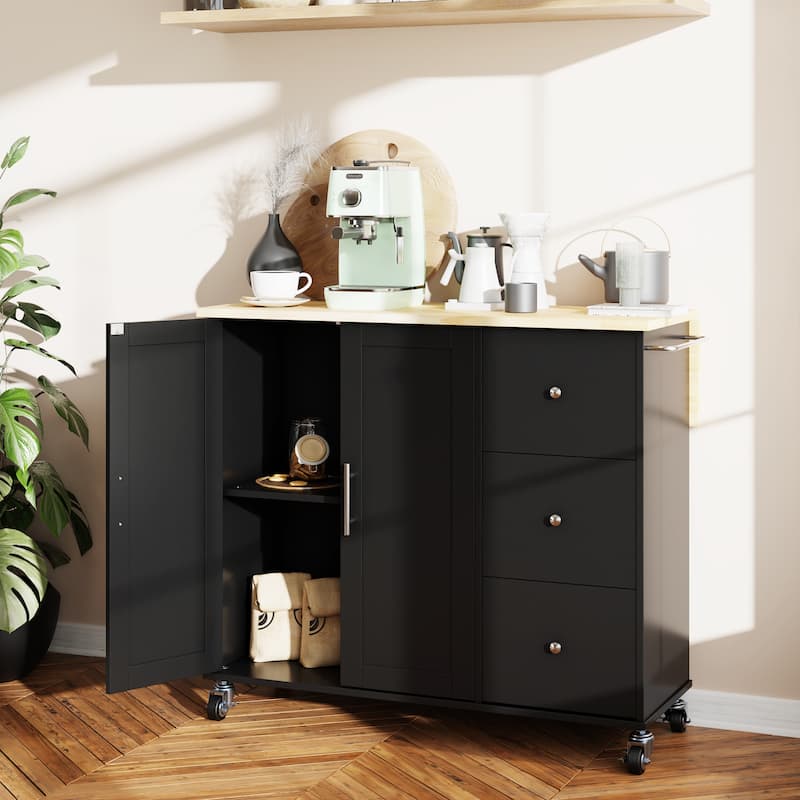 Futzca Storage Kitchen Island Cart - N/A - Black/1 Cabinet + 3 Drawers