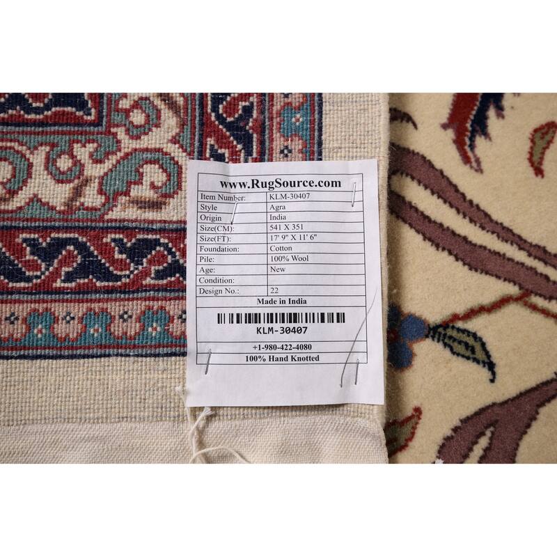 Vegetable Dye Floral Agra Large Indian Rug Hand-Knotted Wool Carpet - 11'6" x 17'9"