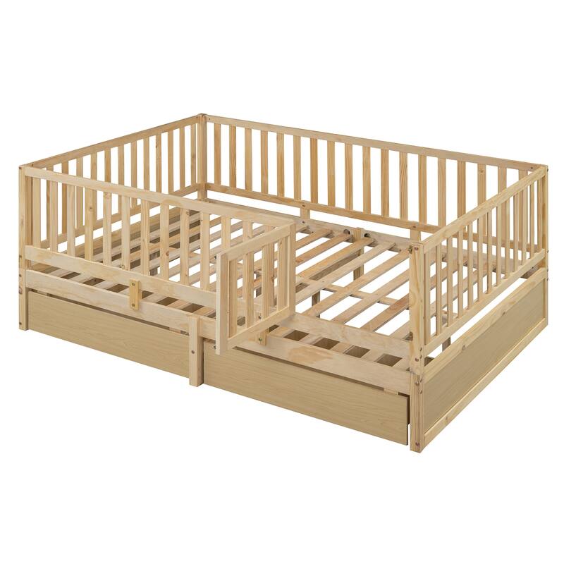 Full Size Solid Wood Daybed with Guardrails & 2 Drawers