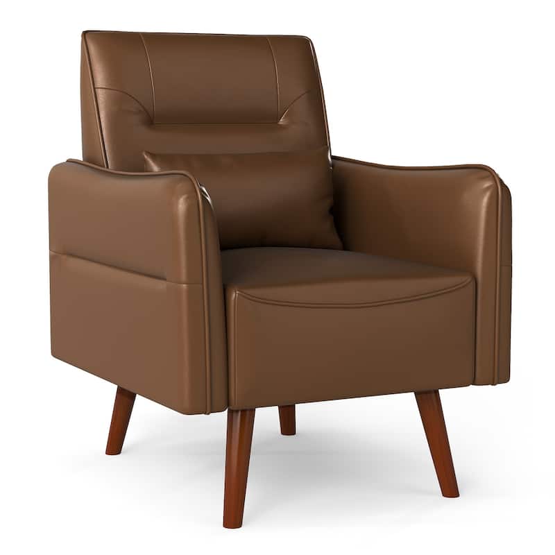 Button Tufted Faux Leather Accent Chair Armchair with Solid Sagwan Wooden Frame