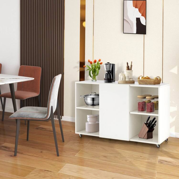 Wood Storage Cabinet with Wheels and 6 Compartments - 44" x 16" x 28" (L x W x H)
