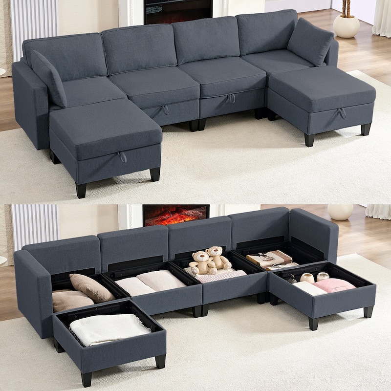 Mixoy Flexible Combination Reversible 4-Seater Modular Sofa with Ottomans,Linen Convertible Sleeper Sofa Bed with Storage Space - Dark Grey - 54.7"D*109.4"W*31.5"H